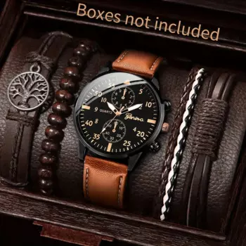 5 шт./комплект, Мужские кварцевые наручные часы с круглым ремешком из ПУ кожи
