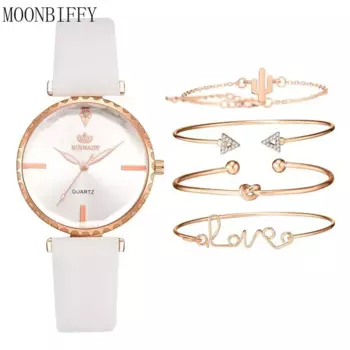 5 шт./комплект, Женские Аналоговые кварцевые наручные часы с кожаным ремешком