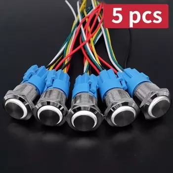 5 шт. металлический кнопочный переключатель 12 В 16 мм 19 мм 22 мм кольцевая лампа с высокой головкой водонепроницаемый светодиодный светильник самоблокирующийся сброс с проводом 220 В 5 В 24 В