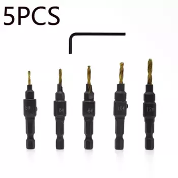 5 шт., сверло с зенковкой, набор сверл для деревообработки, сверление пилотных отверстий для размеров винтов # 5 # 6 # 8 # 10 # 12. С гаечным ключом.