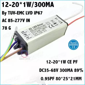 5 шт. TUV-CE IP67 PF 20 Вт AC85-277V светодиодный драйвер 12-20Cx1W 300mA DC35-68V постоянного тока светодиодный Мощность для потолочный светильник Бесплатная доставка