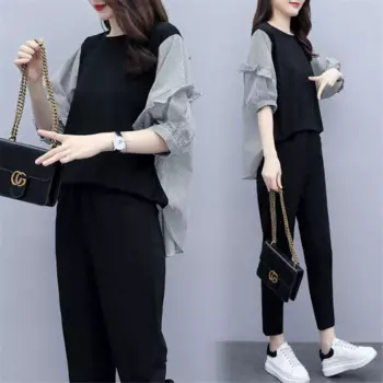 5xl женский летний костюм полосатый корейский женский комплект из 2 предметов топ и брюки спортивный костюм женские спортивные костюмы