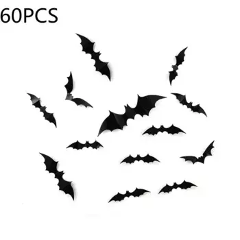 60PCS Halloween Scary Horror 3D Bats Car Window Decor Goth Vampire Bats Decorations Home Wall Decal Realistic Bat Sticker