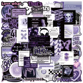 60pcs Ins Style Black Purple Aesthetic Stickers Water Bottle Cartoon Stickers Laptop Luggage Guitar Waterproof Vinyl Car Decals