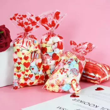 60pcs Red Heart Printed Candy Gifts Bags Valentine's Day Wedding Birthday Party Candy Buscuits Baking Packaging Treat Gifts Bags