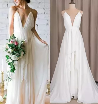 #6276 100% реальные фотографии Глубокий V-образный вырез на тонких бретельках Бохо сексуальный шифон плюс белое свадебное платье для зрелых женщин