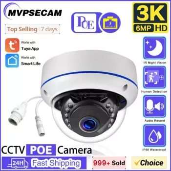 6-мегапиксельная взрывозащищенная IP-камера с поддержкой POE, аудио H.265, купольная домашняя камера видеонаблюдения для внутреннего и наружного наблюдения, видео видеонаблюдения для 8-канального сетевого видеорегистратора TUYA