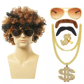 70S 80S Disco Wig Rocker Set Synthetic Afro Puff Headwear 60S 90S Singer Hippies Shaggy Costume Cosplay Halloween Party