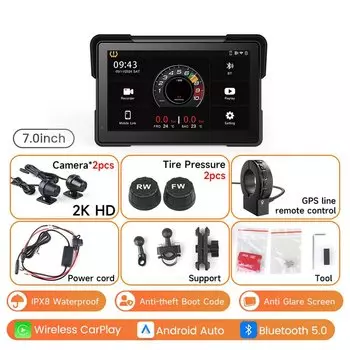 7 ''5" мотоциклетный мультимедийный плеер 2K HD рекордер GPS-навигация Беспроводной CarPlay Android Auto IPX8 Водонепроницаемый экран Bluetooth