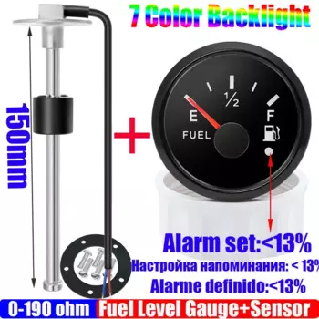 7-цветный светильник, 52 мм, указатель уровня топлива с сигнализацией, 0-190 Ом, датчик уровня топлива из нержавеющей стали 100 ~ 550 мм для авто, морской пехоты, изготовленный на заказ
