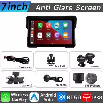 7-дюймовый мотоциклетный GPS-навигатор, беспроводной CarPlay Android Auto, мультимедийный плеер, IP67, водонепроницаемый экран, Bluetooth