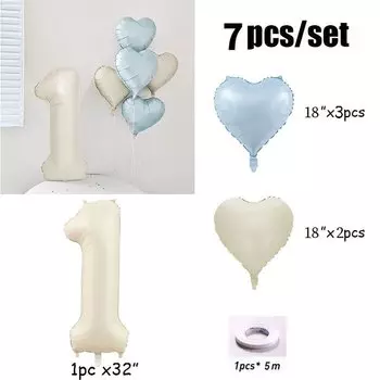 7 шт. фольгированных шаров "Сердце с номером", кремовые, для дня рождения, Yaobener