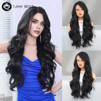 7JHH парики 13*4 кружевной передний парик Синтетические длинные волнистые черные парики для женщин натуральные кружевные боковые парики с челкой