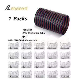8/10 мм RGB светодиодные гибкие ленты, быстрые разъемы, 4-контактный удлинительный кабель, 16,4-футовые проводные ленты, разъем для светодиодных лент без пайки
