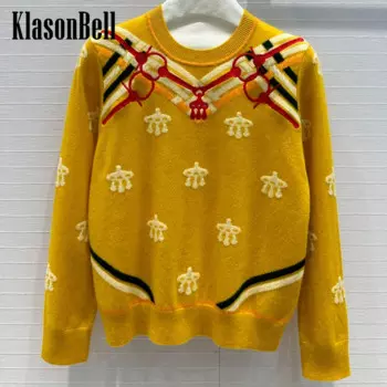 8,9 KlasonBell женский шерстяной кашемировый трикотажный свитер контрастных цветов с вышивкой кольцом-замком и длинным рукавом жаккардовый Универсальный свитер