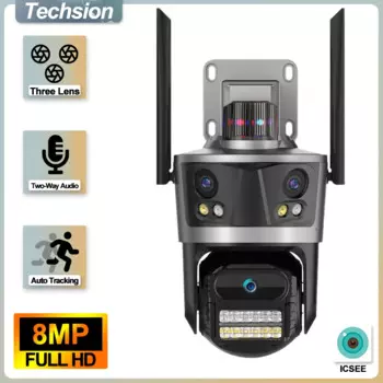 8-мегапиксельная HD-видеокамера с тремя объективами и тремя экранами, Wi-Fi, наружная безопасность, отслеживание движения, PTZ-видеокамера, цифровой зум, наблюдение Icsee