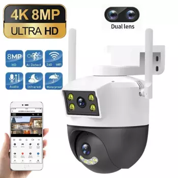 8-мегапиксельная Wi-Fi IP-камера с двумя объективами, уличная беспроводная камера наблюдения, домашняя безопасность, двустороннее аудио, цветная сигнализация ночного видения