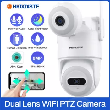 8-мегапиксельная Wi-Fi PTZ IP-камера с двумя объективами и двойным экраном Ai, автоматическое отслеживание человека, уличная беспроводная камера видеонаблюдения 4K ICSee