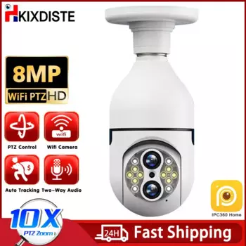 8MP 10X PTZ Zoom 4K Wi-Fi E27 Лампа безопасности Радионяня Беспроводная автоматическая камера слежения за человеком с двумя объективами Световые камеры наблюдения
