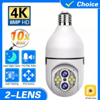 8MP 10X PTZ Zoom 4K Wi-Fi E27 Лампа безопасности Радионяня Беспроводная автоматическая камера слежения за человеком с двумя объективами Световые камеры наблюдения