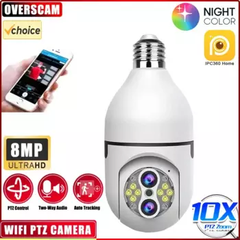 8MP 10X PTZ Zoom 4K Wi-Fi E27 Лампа безопасности Радионяня Беспроводная автоматическая камера слежения за человеком с двумя объективами Световые камеры наблюдения