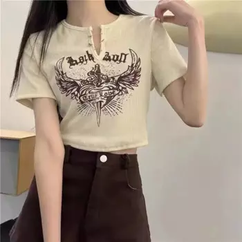 90s Vintage Short-Sleeve Y2K Aesthetics Accessory Female Harajuku Graphic T Shirts Tee T-Shirt Women Clothes Slim Short Crop Top