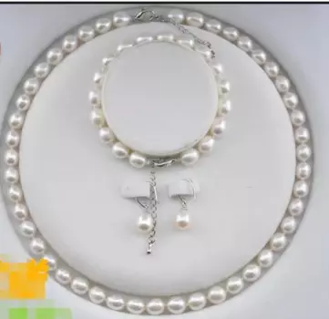 925 пробы, настоящий пресноводный натуральный рис, 8-9 мм, жемчужное ожерелье, серьги, браслет, набор