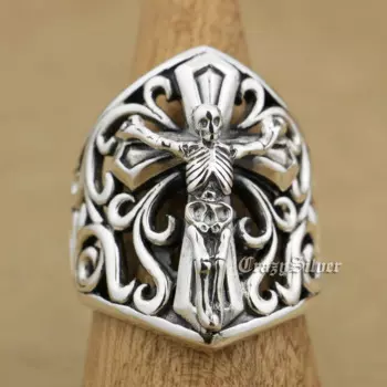 925 пробы серебряные черепа на крест Мужская Байкер Рокер панк кольцо 9W006 нам Размеры для возраста от 7 до 15