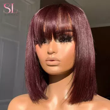 99J красный короткий парик из человеческих волос с бахромой, прямые волосы Remy, парики боб с челкой, Бразильские короткие парики боб для женщин, цветные парики