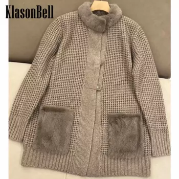9,24 KlasonBell женское осенне-зимнее Новое высококачественное кашемировое вязаное пальто с норковым воротником кожаный кардиган с пуговицами и карманами