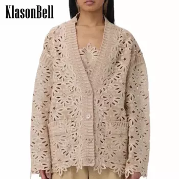 9,25 KlasonBell роскошный классический вышитый вырез цветочный вязаный кардиган V-образный вырез двойной карман свободный хлопок вязаное пальто для женщин