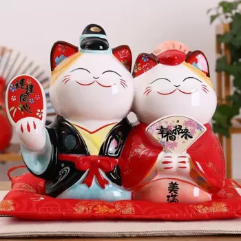 9,4-дюймовый керамический орнамент Maneki Neko для пар, счастливый кот, домашний декоративный свадебный подарок, копилка фэн-шуй, фигурка копилки