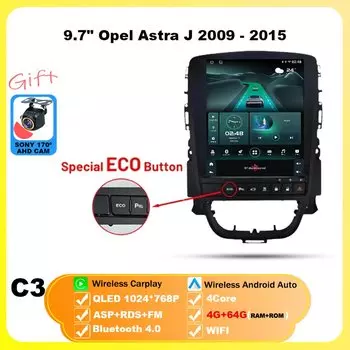9,7-дюймовый для Opel Astra J 2009-2015 Android 15, автомобильный радиоприемник, мультимедийный видеоплеер, GPS Tesla, модель беспроводной android, авто WIFI 4G