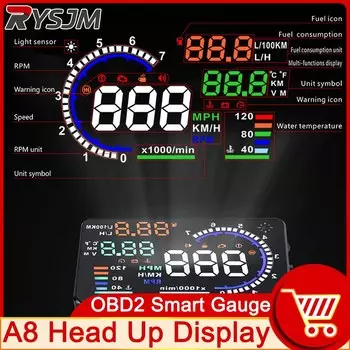 A8 OBD2 HUD Автомобильный проекционный дисплей Светодиодный проектор на лобовое стекло Спидометр MPH KM/H Измеритель об/мин Температура воды Сигнализация скорости напряжения Значок топлива