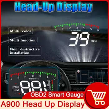 A900 OBD HUD Проекционный дисплей Автомобильное предупреждение о превышении скорости Лобовое стекло Проектор Температура воды Напряжение Тахометр Об/мин MPH по индивидуальному заказу