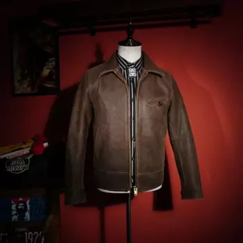 A Depp's 1940s LVC Толстая и повторяющаяся древняя чайная сердцевина из козьей кожи с прямым воротником Американская кожаная куртка для мужчин