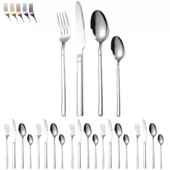 A · Набор столовых приборов HOUSEWARE из 24 предметов, набор столовых приборов из нержавеющей стали с квадратной ручкой «Рыцарь», набор столовых приборов современного дизайна