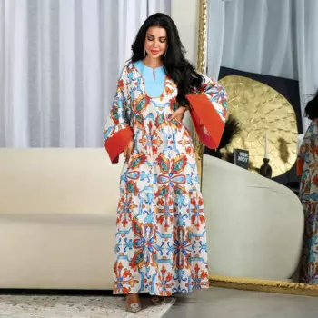 Абайя женская с цветочным принтом, свободное платье в мусульманском стиле, цветное платье с расклешенными рукавами, длинное платье, Абая