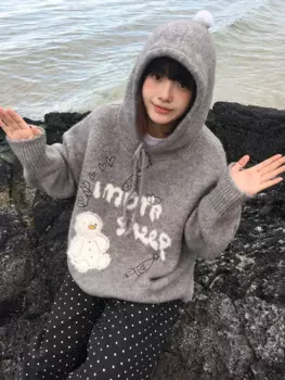 ADAgirl Kawaii Snowman толстовка с капюшоном женские серые ребристые толстовки трикотаж корейская мода оверсайз Cutecore зимняя одежда шикарная