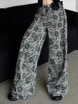 ADAgirl Ретро джинсы с цветочным принтом Женская уличная одежда Y2k Повседневные свободные корейские прямые джинсовые брюки с высокой талией Хип-хоп Mujer Низ
