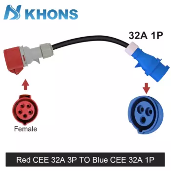 Адаптер для зарядки EV KHONS преобразует 3-фазный гнездовой разъем Red CEE 32A к 1-фазному адаптеру 32A Blue CEE «папа» Красный CEE 32A на 16A
