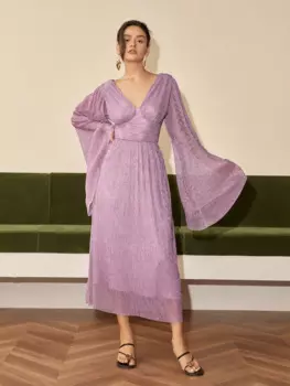 AEL Летнее новое сексуальное вечернее платье с v-образным вырезом и открытой спиной, плиссированное платье с длинными рукавами и талией