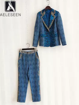 AELESEEN женский осенне-зимний комплект из двух предметов, модный синий Блейзер на одной пуговице с принтом + длинные штаны, элегантный костюм