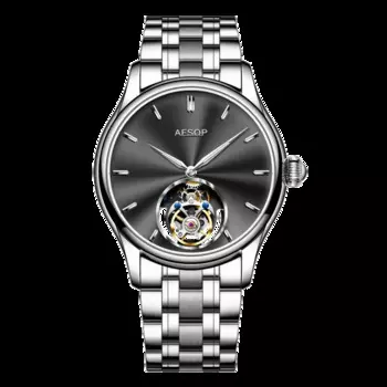 AESOP 100% механические часы с турбийоном и скелетом для мужчин, серебряный стальной ремень, модные мужские часы, механические водонепроницаемые часы с ручным управлением, 2022,