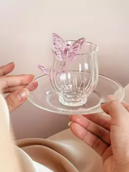 Ahunderjiaz-Cute Pink Bow Стеклянная кофейная чашка и блюдце с подарочной коробкой, домашняя кухонная посуда, подарки для детей, 150 мл