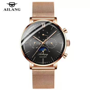 AILANG Роскошные автоматические мужские механические часы с фазой Луны, календарь недели, водонепроницаемые мужские часы, наручные часы из нержавеющей стали