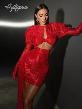 Ailigou 2024 новое женское красное и белое Сексуальное Кружевное облегающее мини-платье с длинным рукавом элегантное вечернее платье