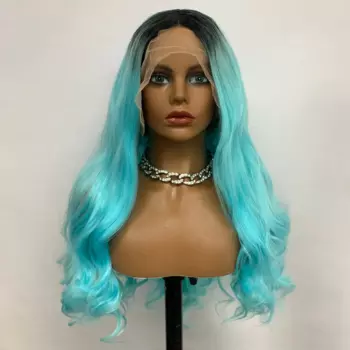 Aiva Black Roots Синий Синтетический 13x4 Парик Фронта Шнурка Длинные Объемные Волны Drag Queen Термостойкие Бесклеевые Парики Для Косплея Для Женщин