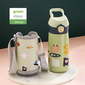 AIWILL Детская термобутылка 450 мл зелёная/розовая из нержавеющей стали