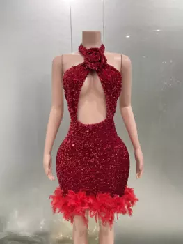 АКЦИЯ блестящие блестки вечернее платье для выпускного вечера знаменитости дня рождения сексуальное облегающее платье с открытой спиной и короткими перьями женское сценическое платье